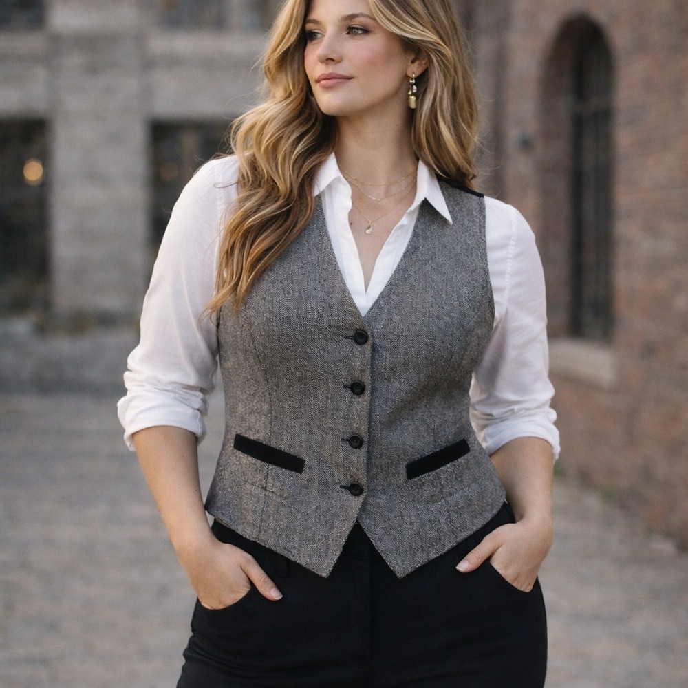 Liz Sport Vest Vintage Wool Blend Velvet Gray Black Button Down Womens Size 8